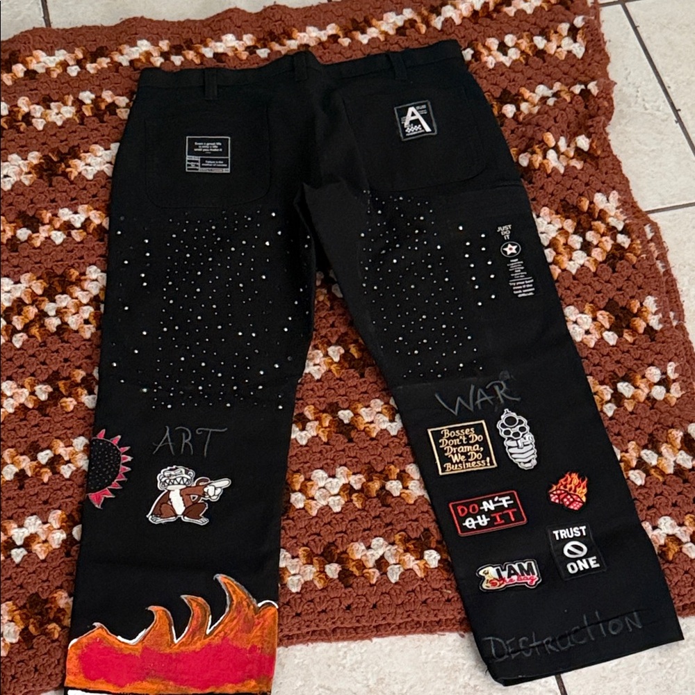 Black Graphic Patchwork Pants - image 2